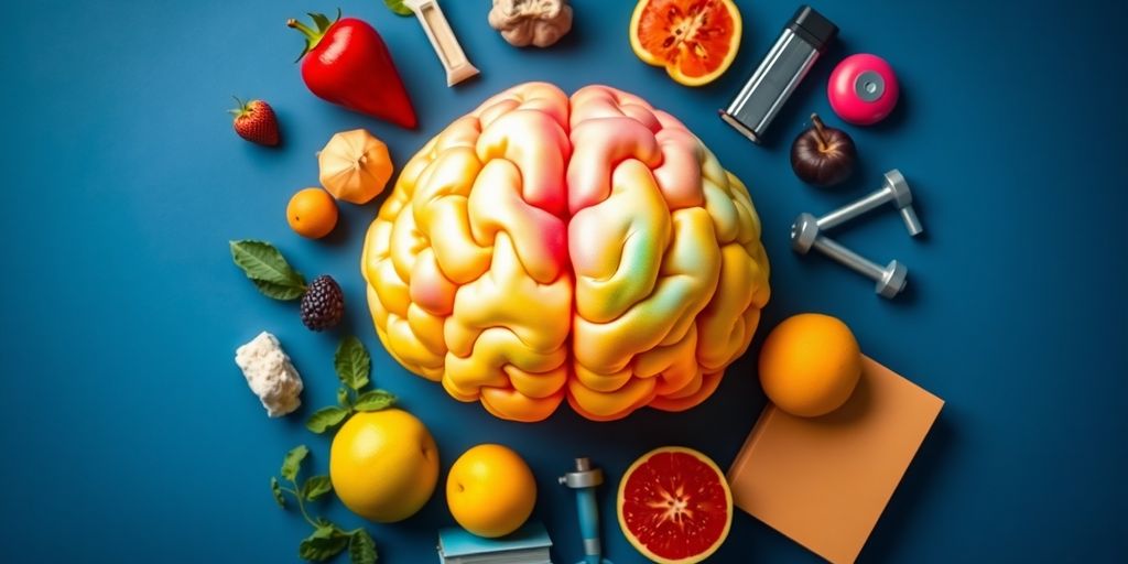 Colorful brain with fruits and books for brain enhancement tips.