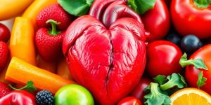 Healthy heart with fresh fruits and vegetables around it.