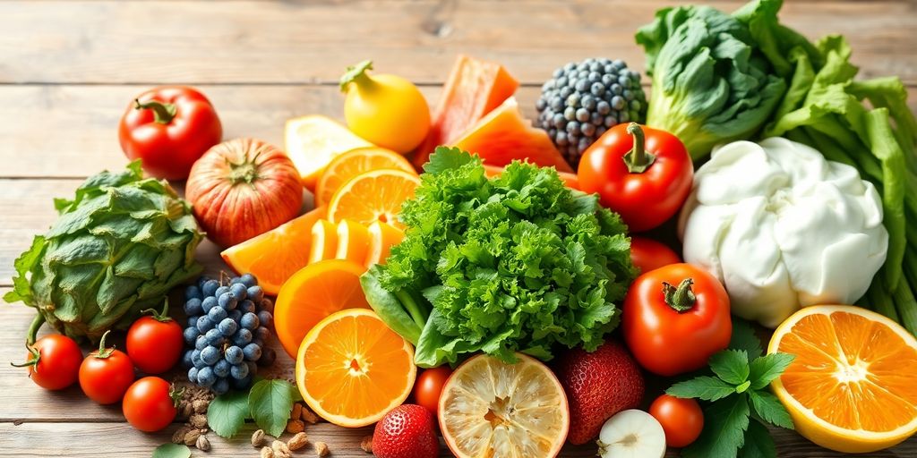 Fresh fruits, vegetables, and fermented foods for gut health.