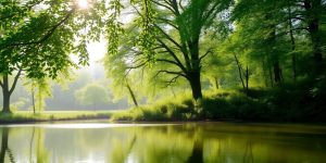 Calm nature scene with greenery and tranquil water.