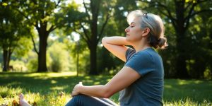 Person stretching outdoors, promoting joint pain relief strategies.
